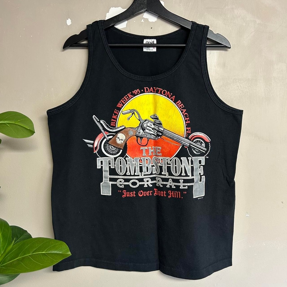Vintage 90s Anvil Daytona Beach Bike Week Revolver Biker Tank Top Mens L Black